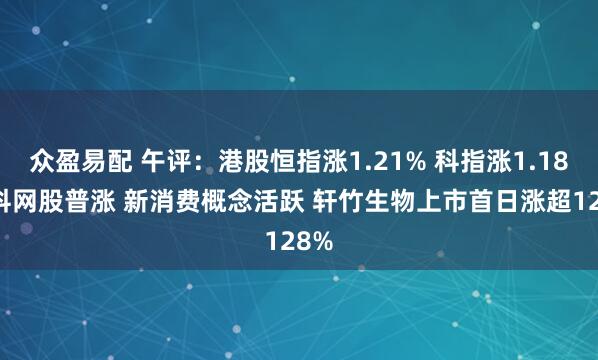 众盈易配 午评：港股恒指涨1.21% 科指涨1.18% 科网股普涨 新消费概念活跃 轩竹生物上市首日涨超128%